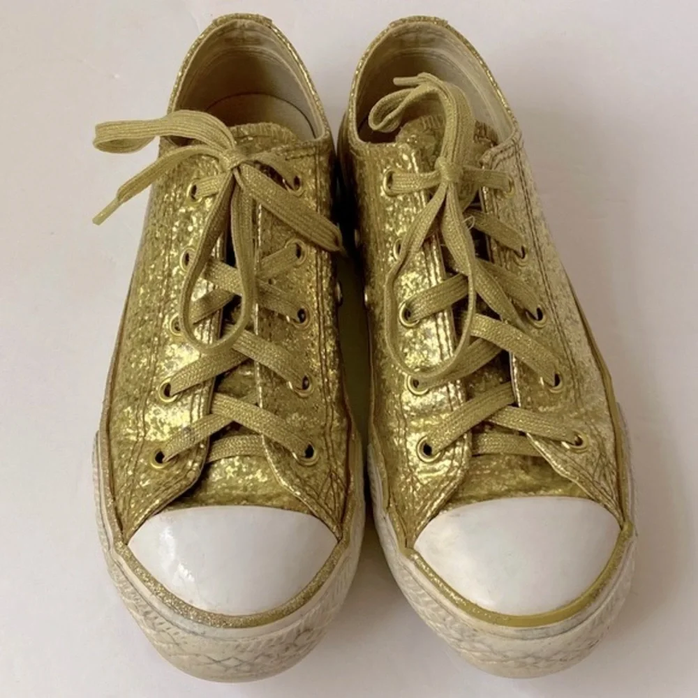 Converse All Stars Gold Glitter Sneakers W/Sparkle Laces Size 2